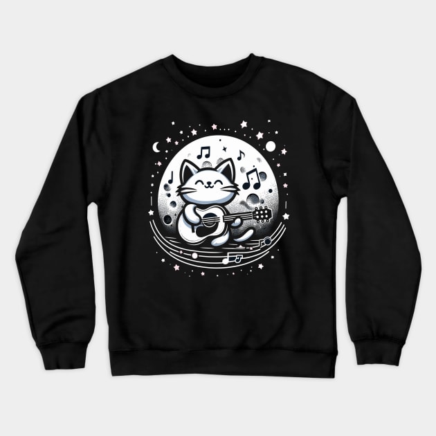 Romantic Cat Playing Guitar with Moon - Cool and Cute Illustration Crewneck Sweatshirt by diegotorres